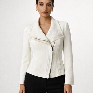 Vince Off White Tweed Moto Jacket Fringe Trim Medium Cropped Blazer Minmalist